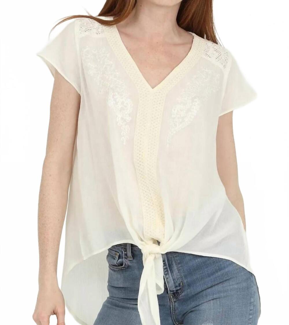 NEW NOSTALGIA v neck tie waist top with embroidery and lace in ivory